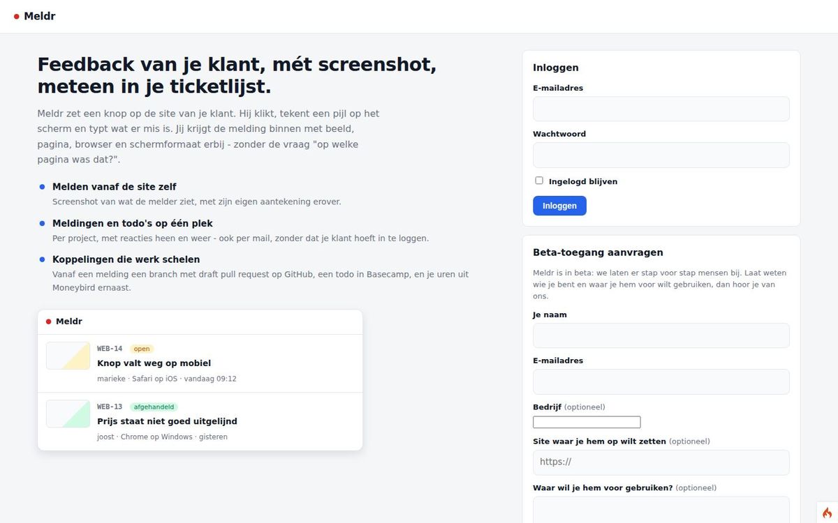 Screenshot van meldr.developr.nl